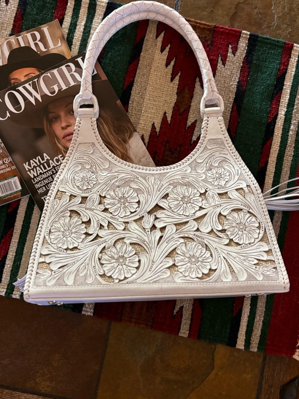Cowboy’s & Indians White Tooled Leather Shoulder Bag